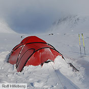 Hilleberg tents are as at home in the most remote places as they are right out your back door. Here a new Saitaris easily weathers a storm with in the Hilleberg’s “back yard” – a mountain pass only 85 km/53 mi as the crow flies from the Hilleberg offices in Jämtland, Sweden.